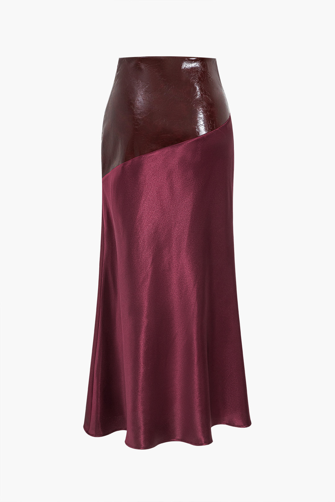 Satin Patchwork Faux Leather Asymmetrical Skirt