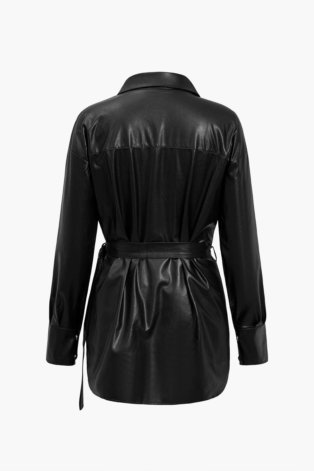 Solid Faux Leather Belted Long-Sleeve Shirt