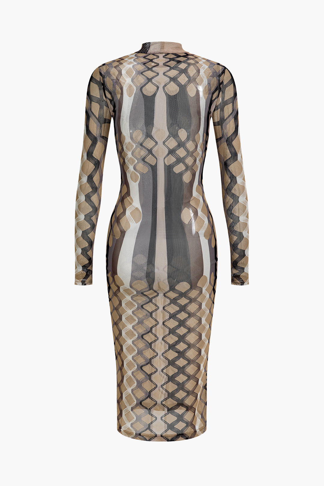 Geometric Print Sheer Mesh Long Sleeve Midi Dress