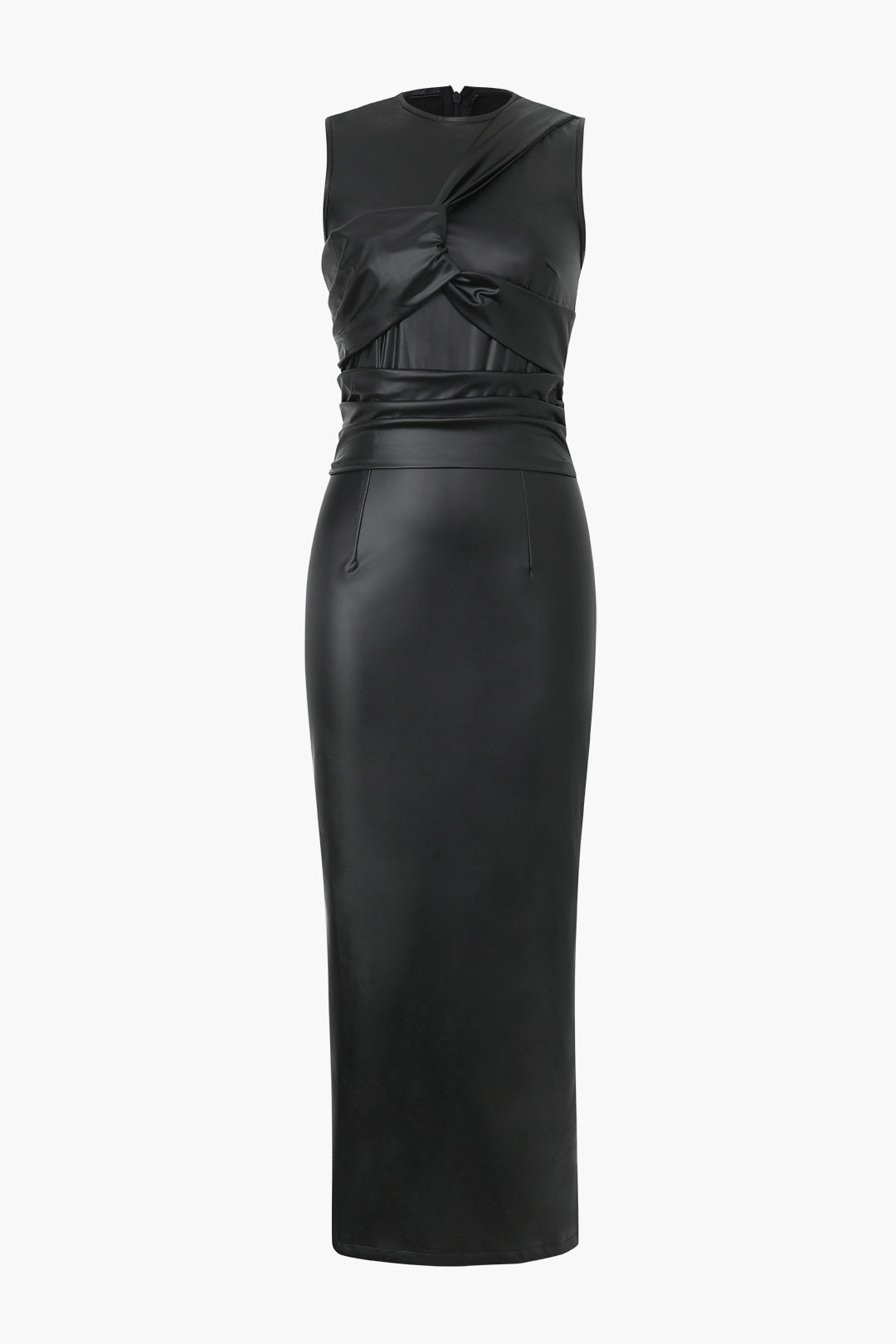 Faux Leather Wrap Sleeveless Ruched Slit Midi Dress