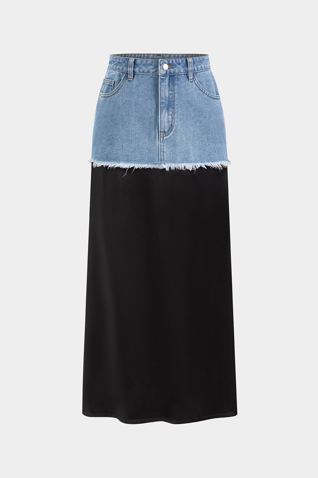 Denim Satin Patchwork Button Pocket Zipper Skirt