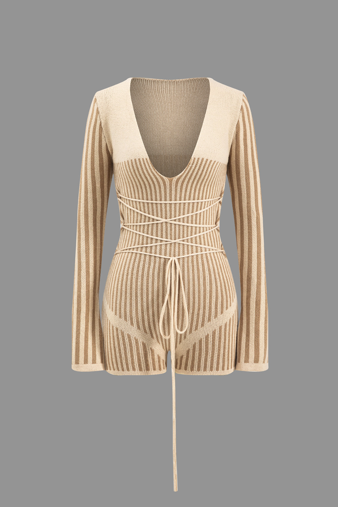 Knit Patchwork Tie-Up V-Neck Long Sleeve Romper