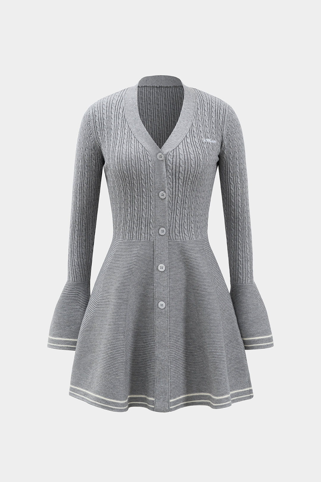 Knitted Button V-Neck Bell Sleeve Long Sleeve Sweater Dress