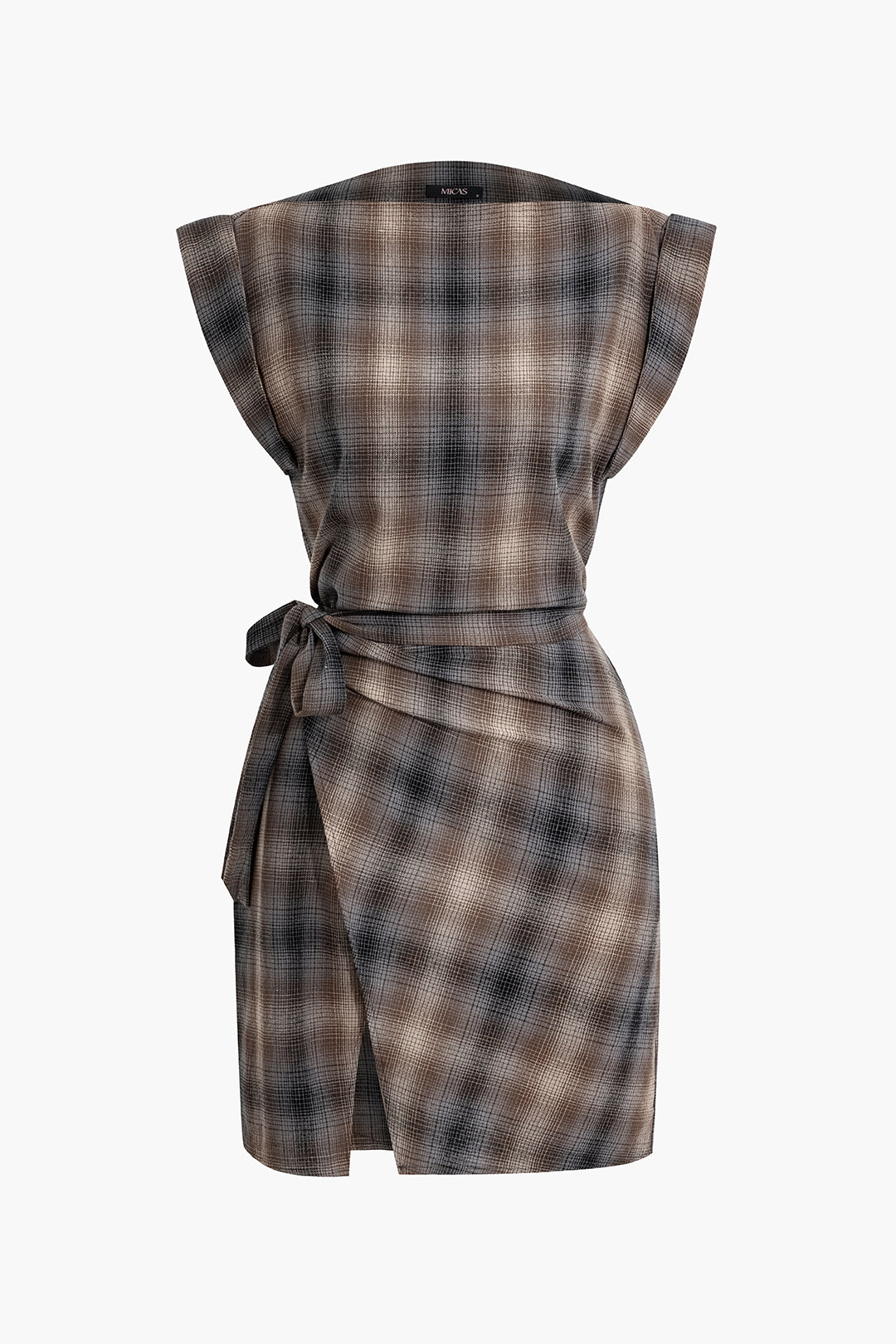 Plaid Print Tie Front Slit Asymmetrical Mini Dress