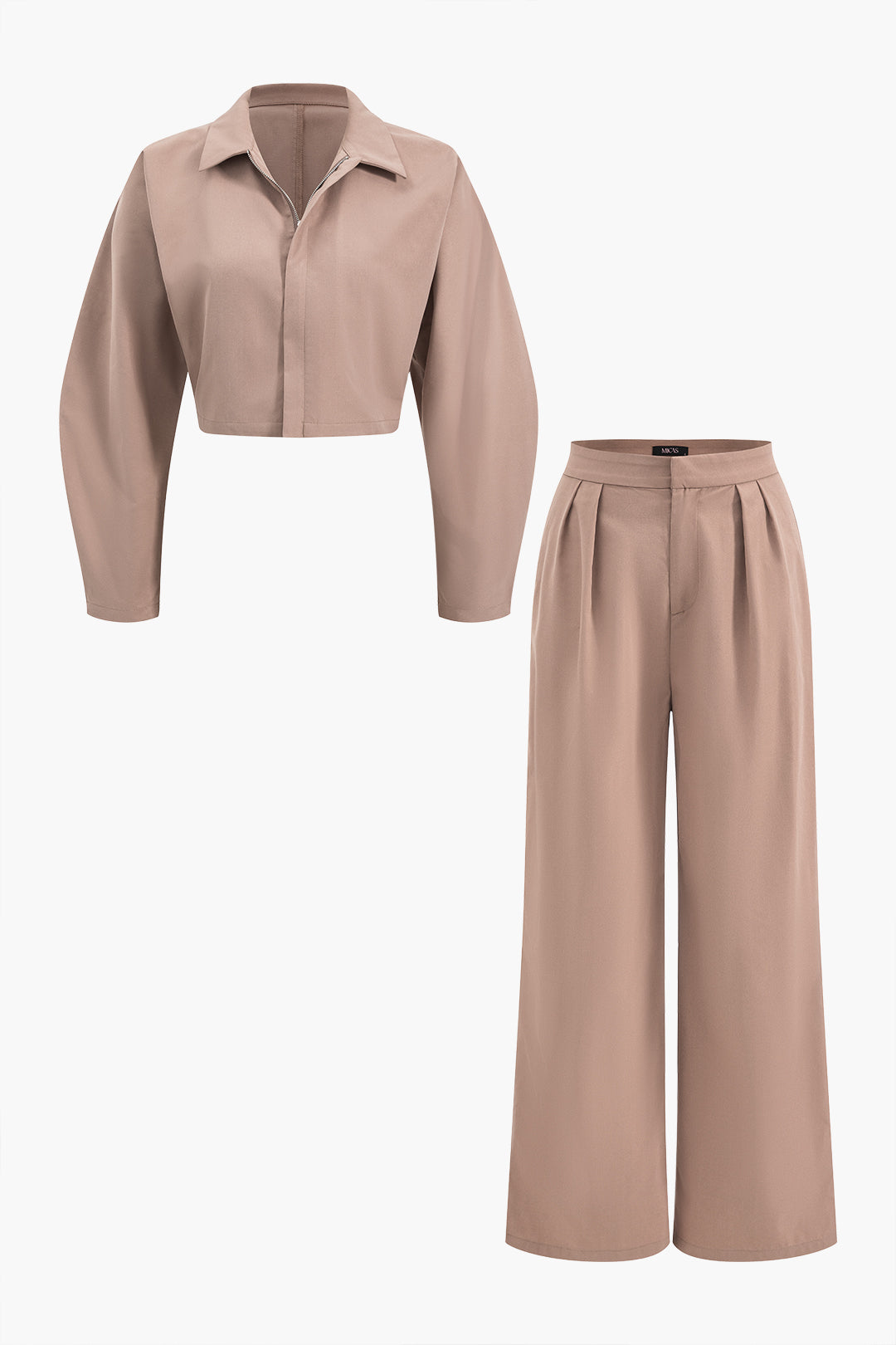 Collar Long Sleeve Crop Top And Trousers Set