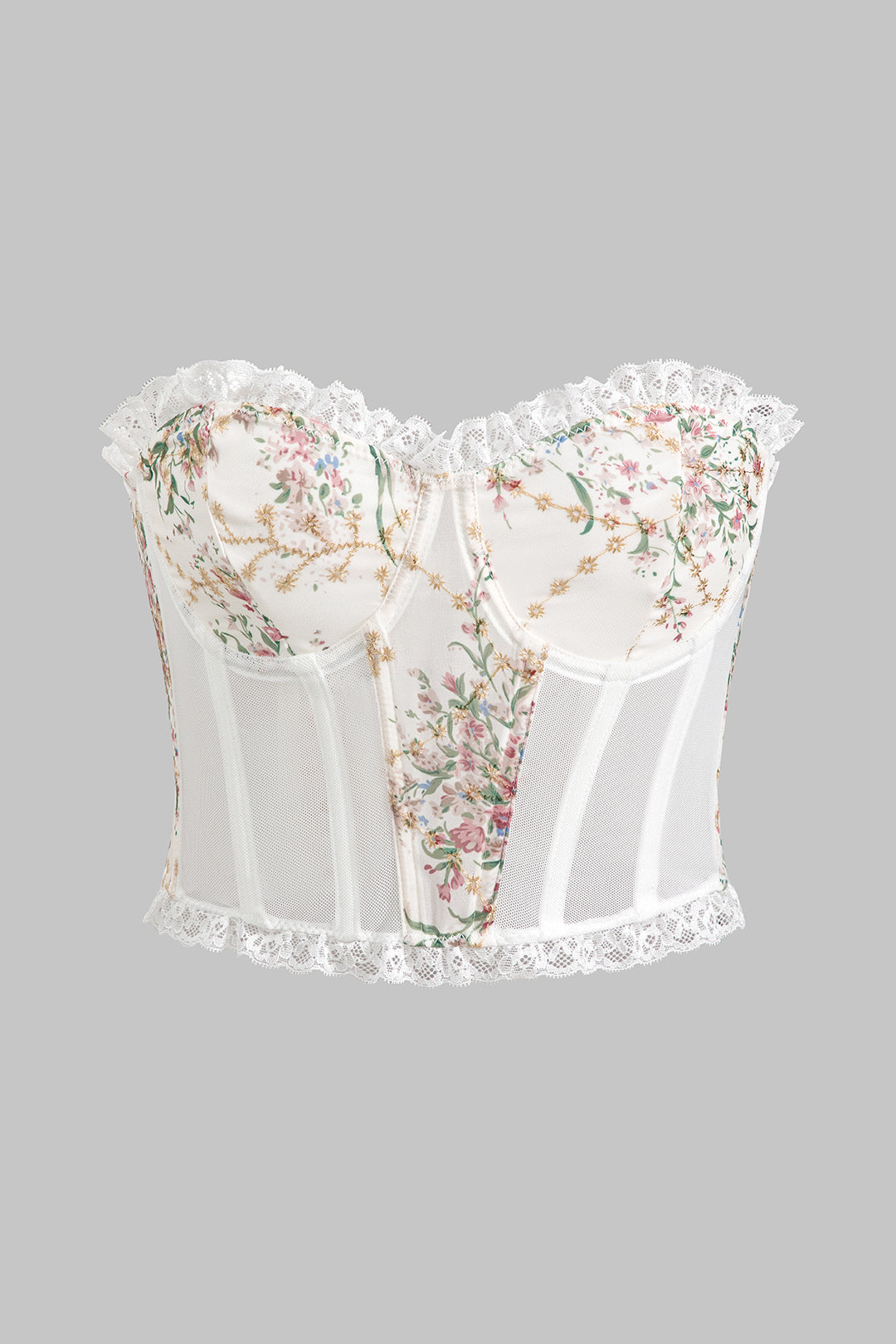 Floral Print Mesh Button Bustier Corset Tube Top