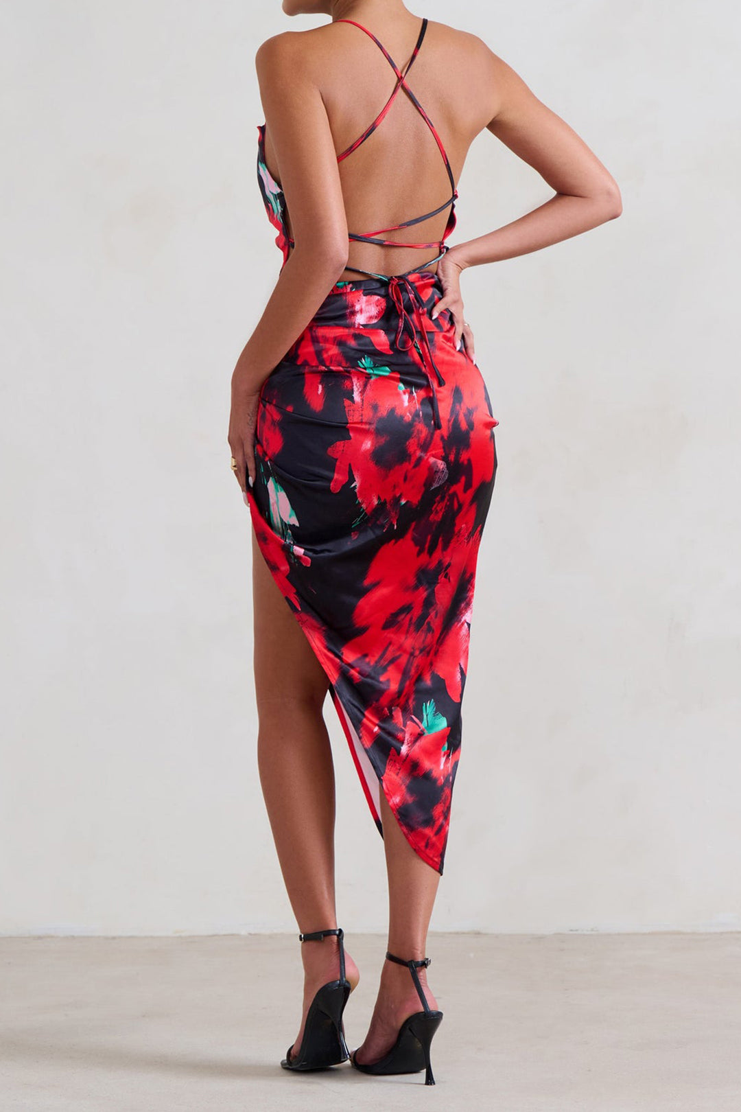 Floral Print Ruched Tie Back Backless Slit Slip Midi Dress