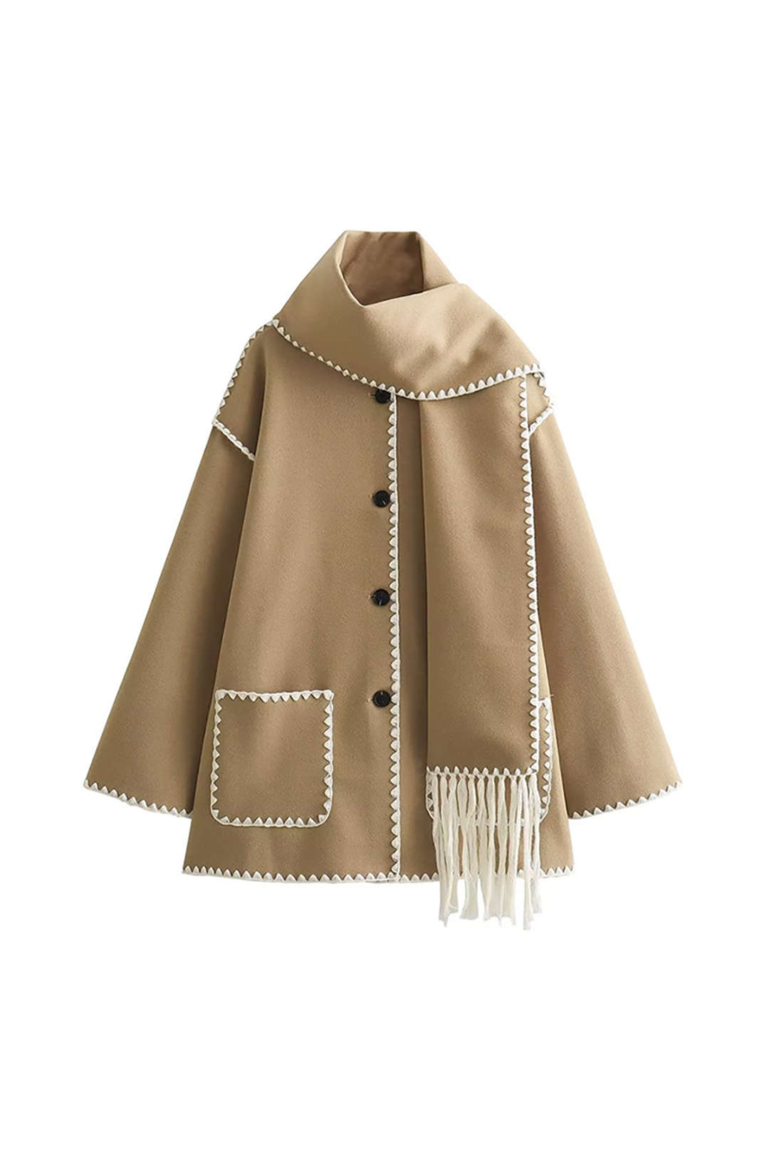 Contrast Trim Wool-blend Coat With Tassel Scarf