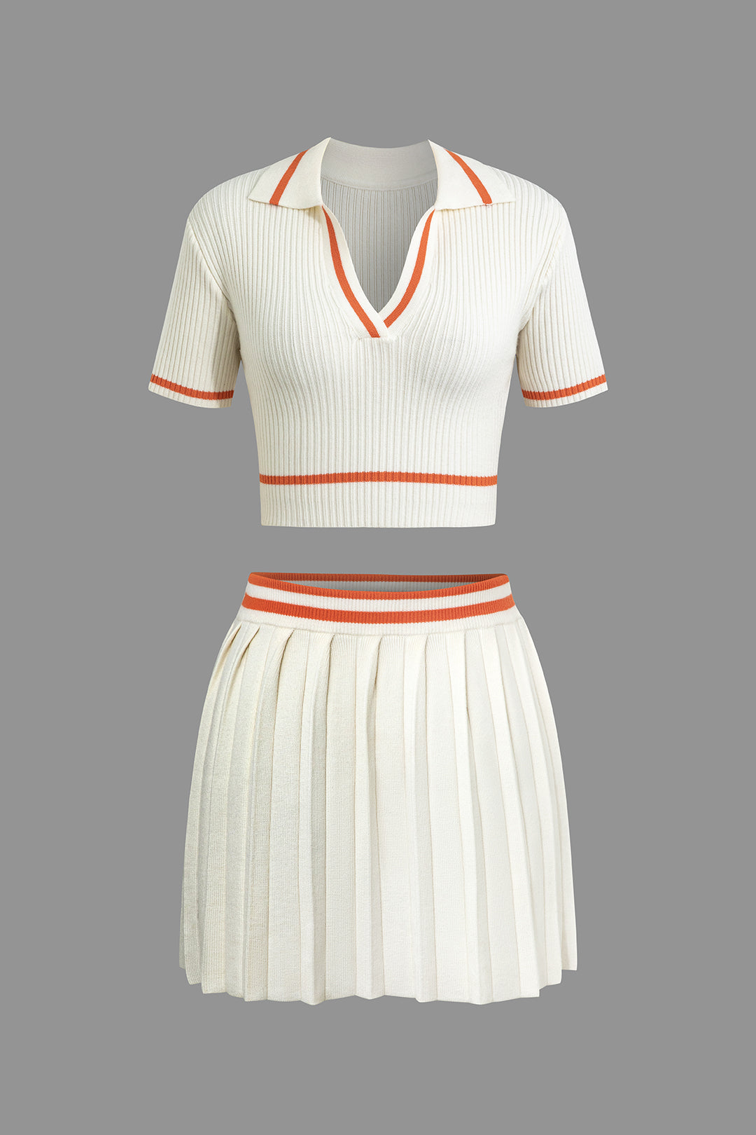 Ribbed Knit Polo Top And Pleated Skirt Set