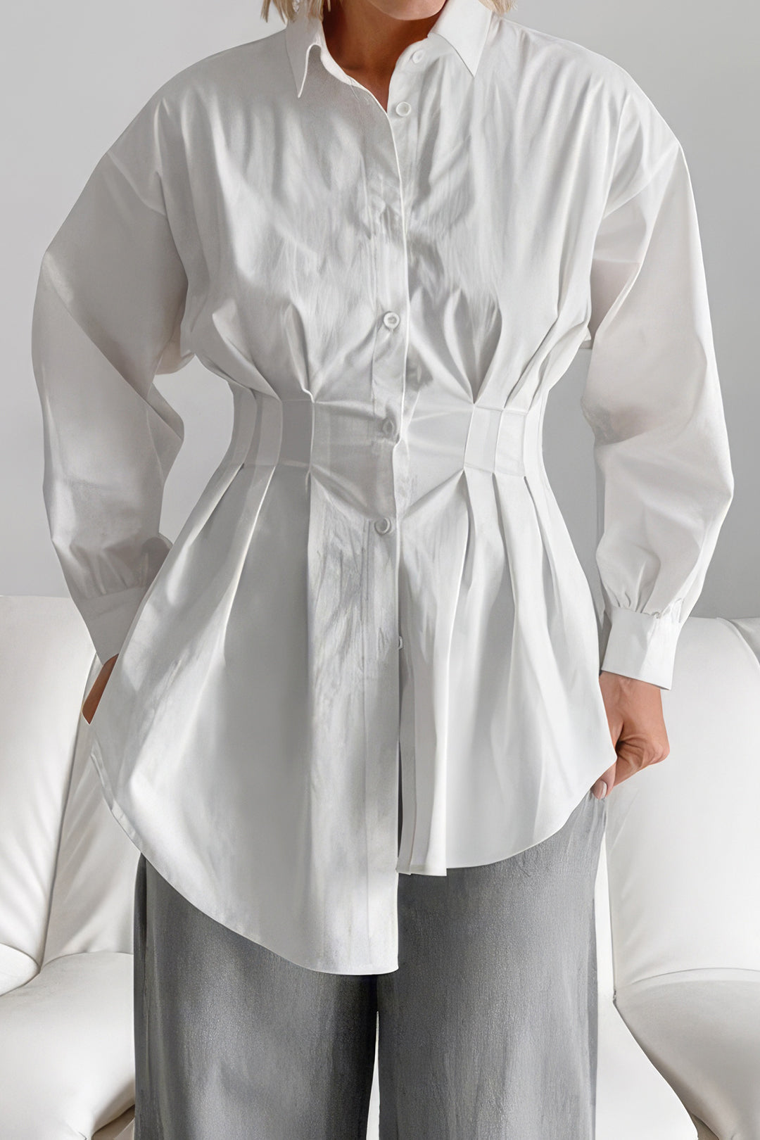 Ruched Button Long-Sleeve Shirt