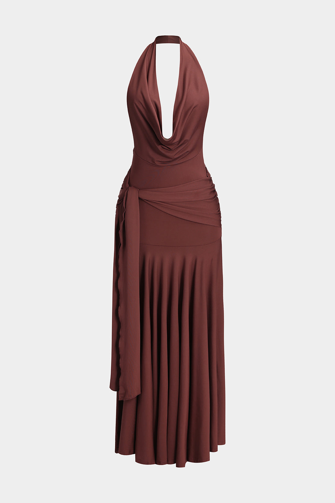 Ruched Strappy Halter Neck Backless Cowl Neck Maxi Dress