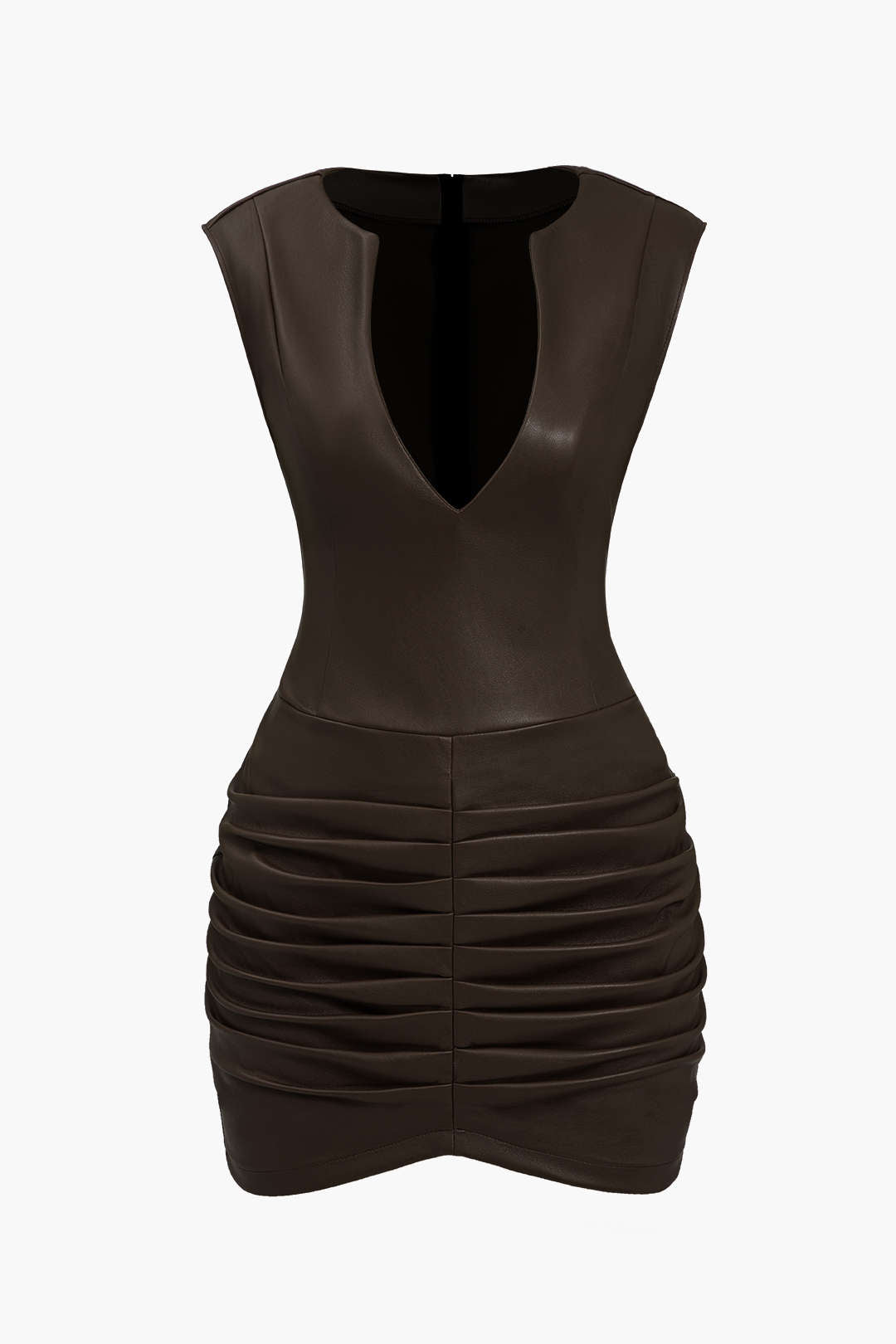 Ruched Faux Leather V-Neck Bodycon Mini Dress