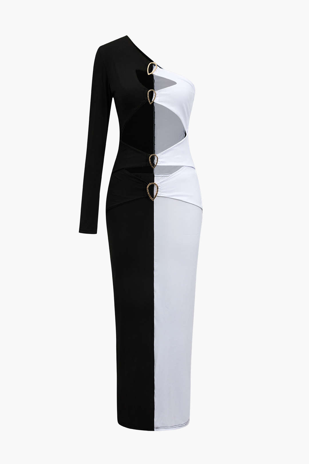 Metal Buckle One Shoulder Patchwork Long Sleeve Midi Dress