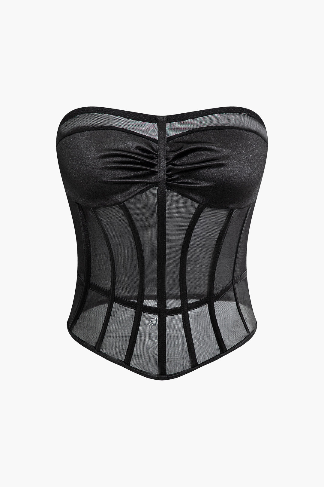 Mesh Satin Ruched Sheer Backless Bustier Corset Tube Top