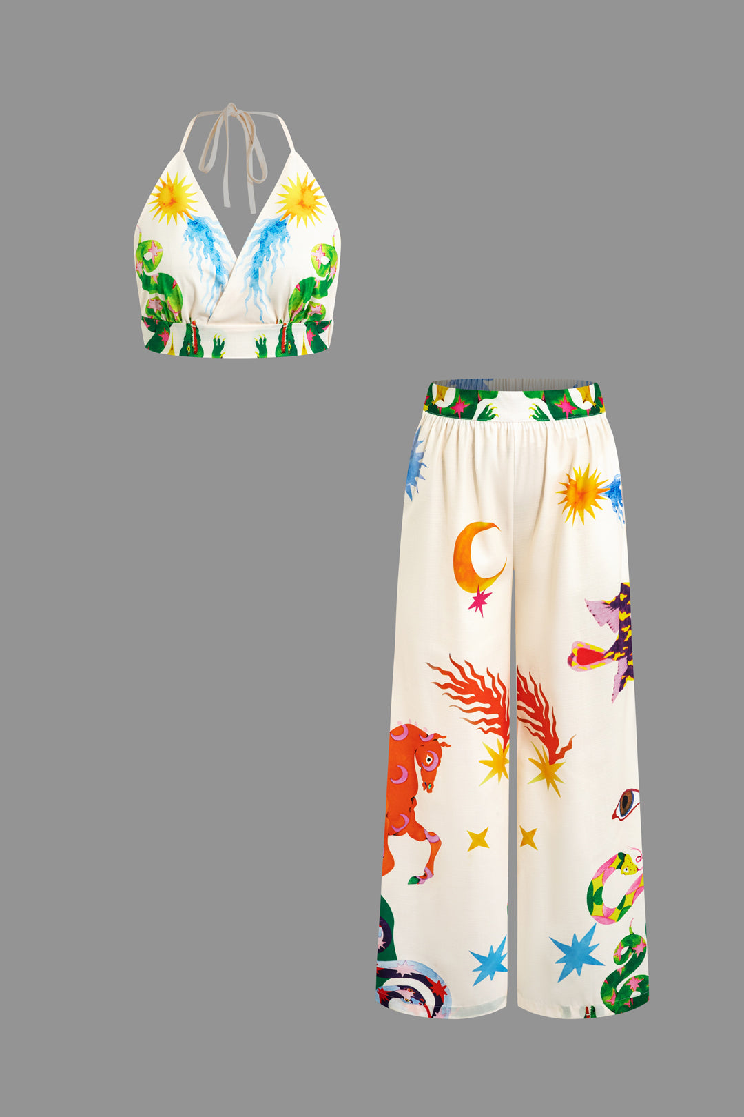 Printed V-Neck Halter Backless Crop Top and Wide Leg Pants Set