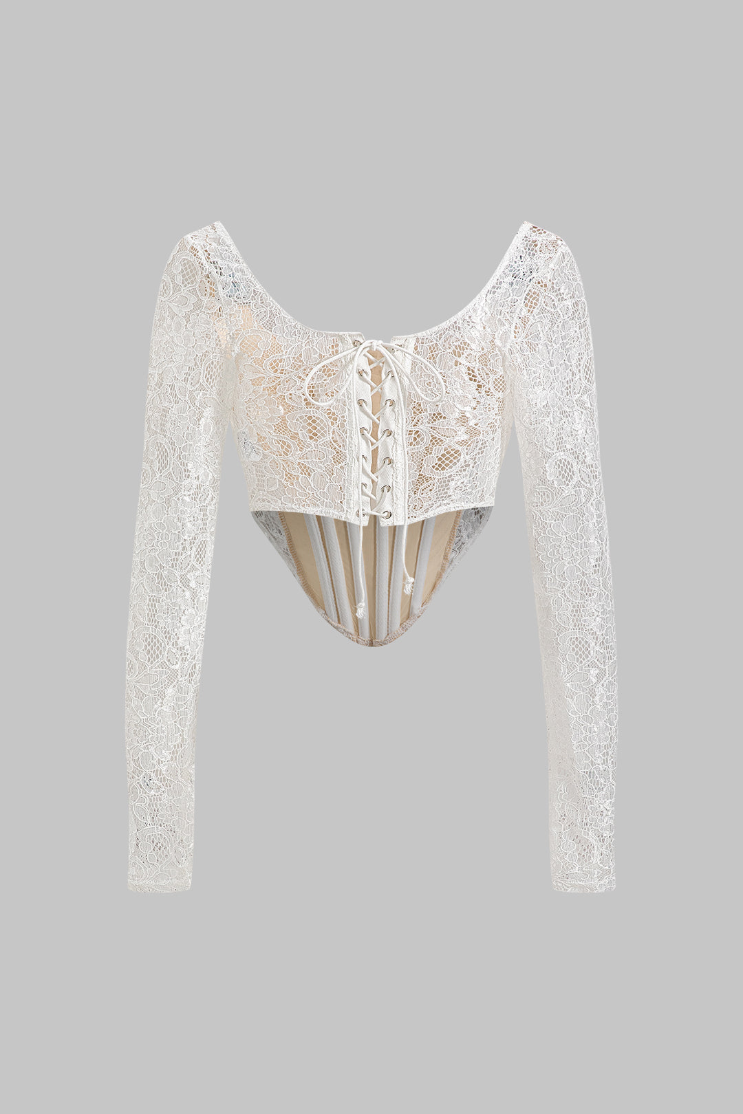 Lace Tie Back Square Neck Sheer Corset Long-Sleeve Top