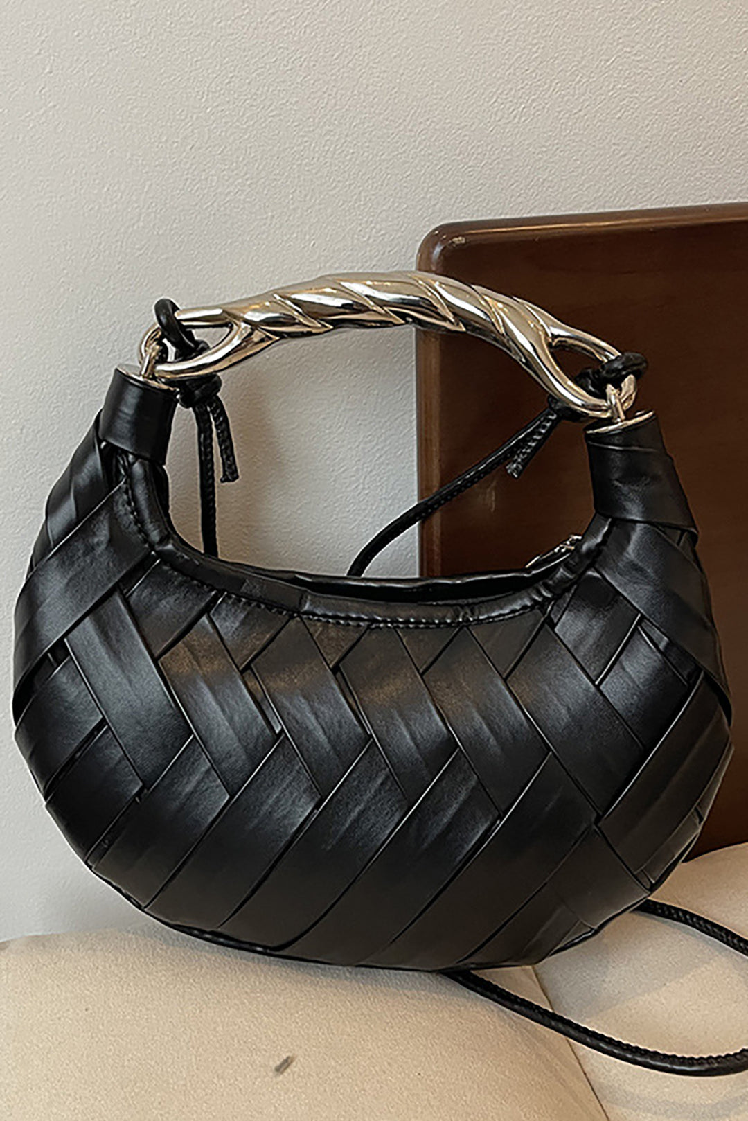 Faux Leather Metal Woven Handheld Tote Bag