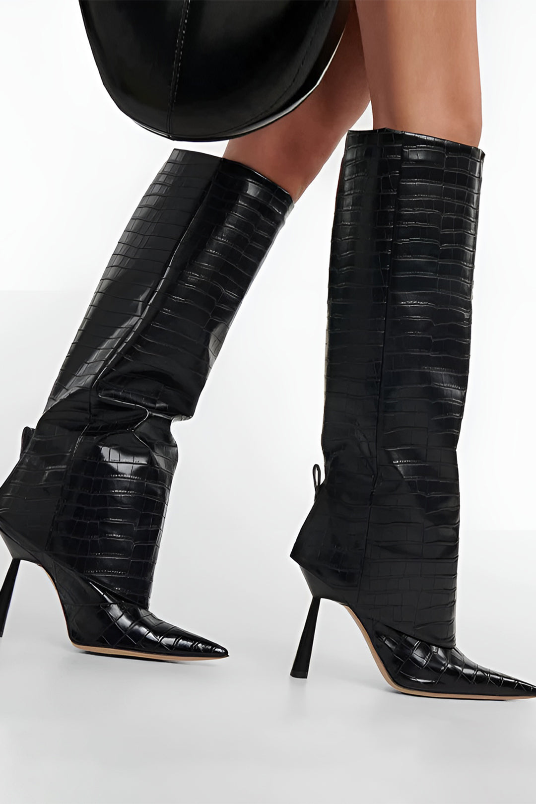 Crocodile Faux Leather Stiletto Pointed Toe Knee High Boots